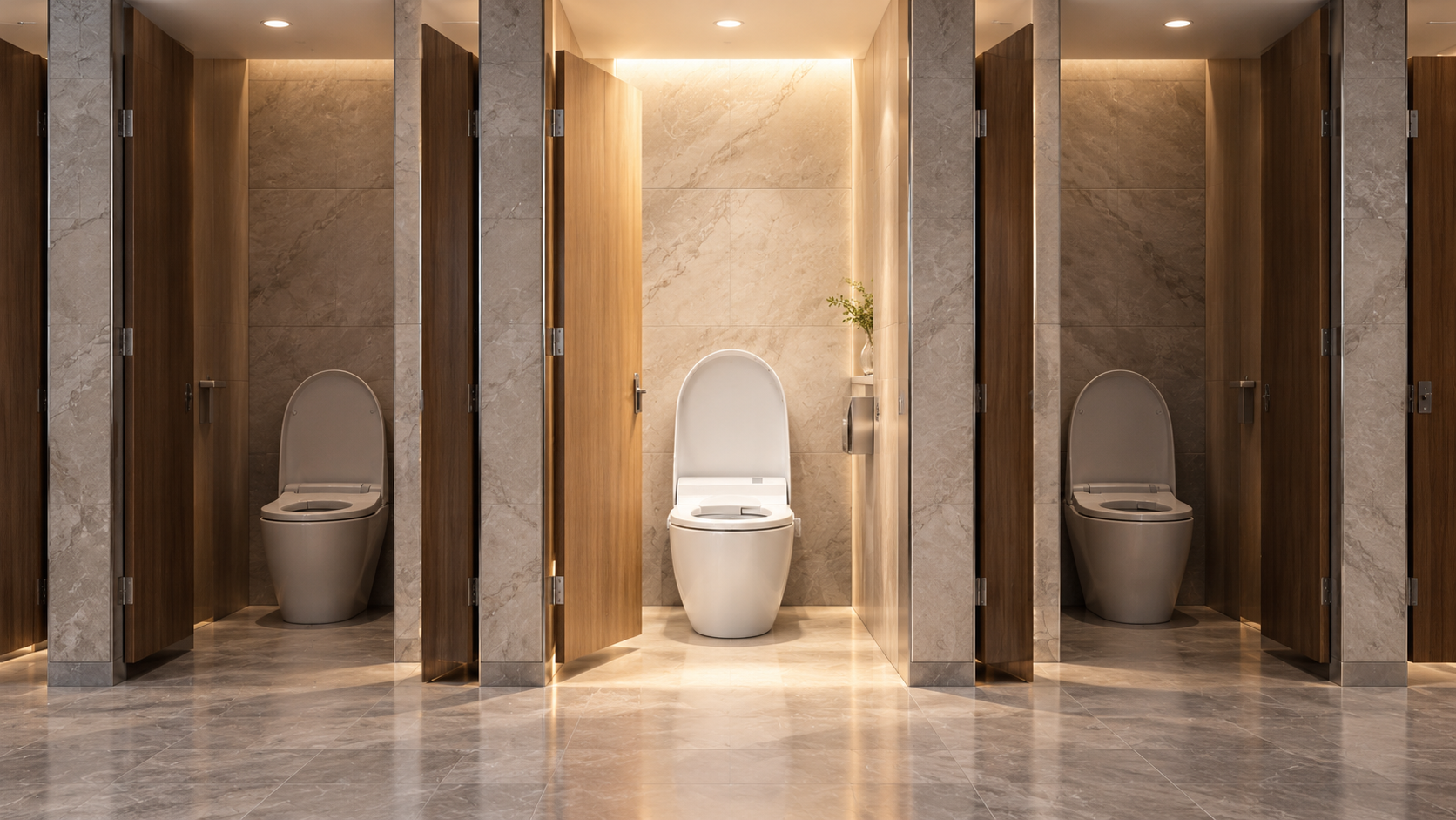 Illustration of a brightly illuminated central restroom cubicle